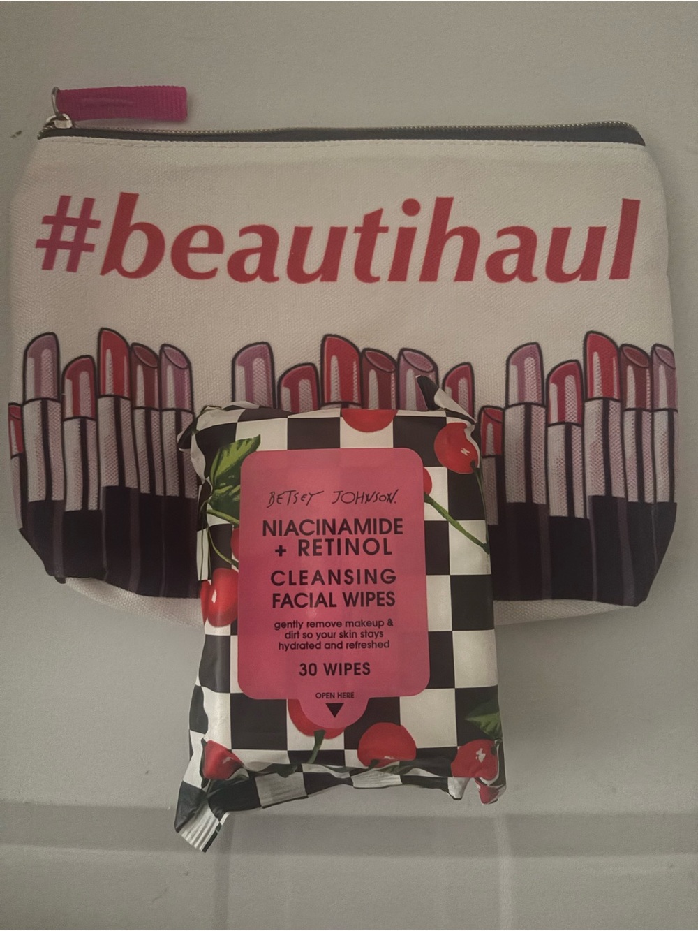 Betsey Johnson face wipes and White & Pink #beautihauI Cosmetic Pouch